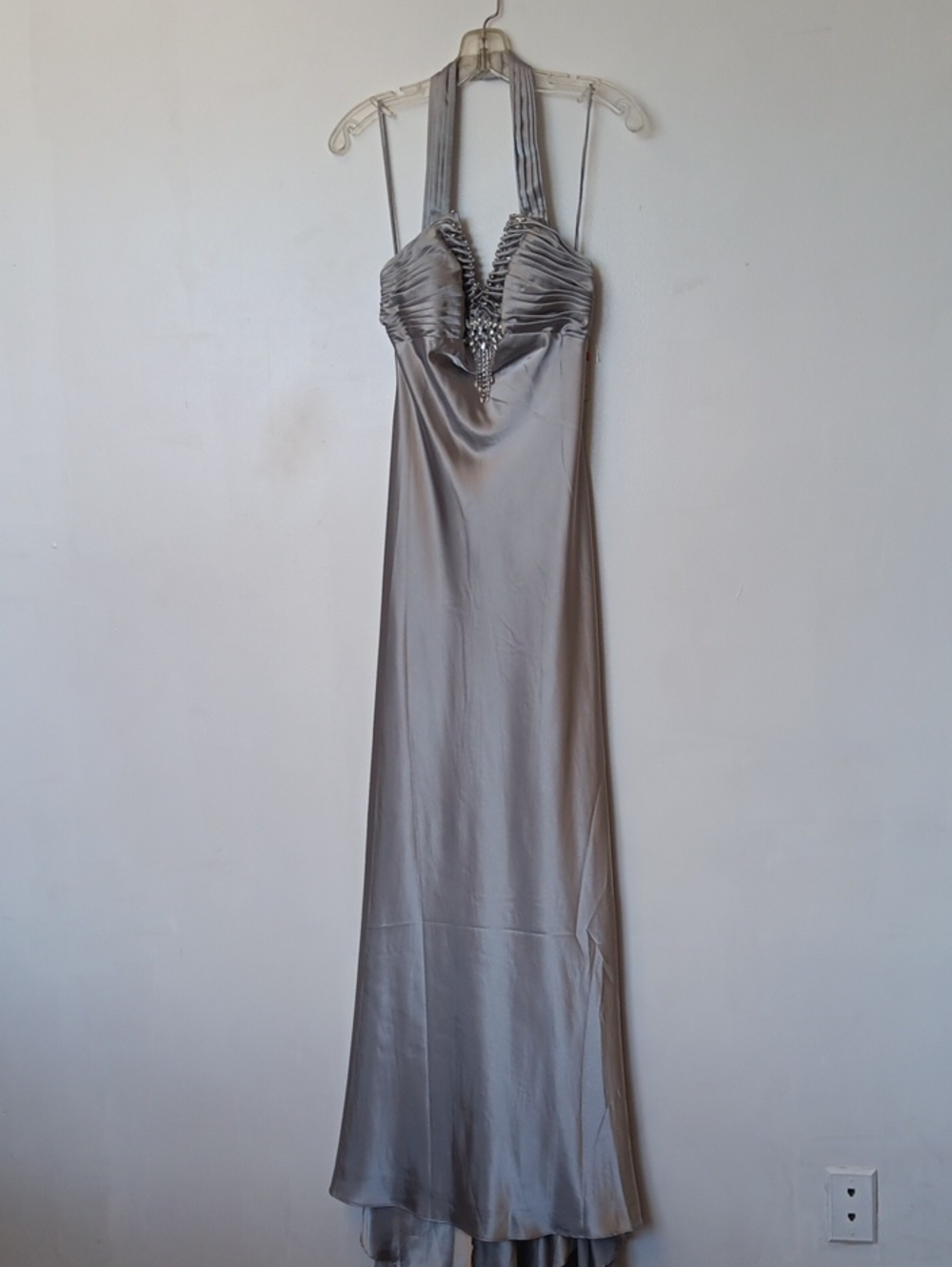 Faviana Silver Satin Halter Maxi Gown with Beaded Accents